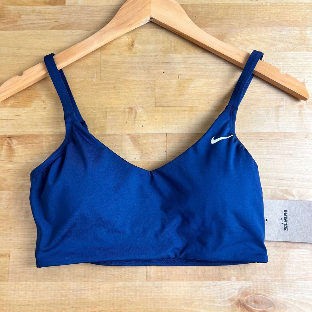 Nike Swim Top Bikini Effortless Essential Size S Blue NESSF241 V-Neck Swoosh NEW